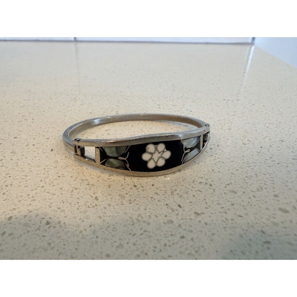 VTG BLACK & WHITE MOTHER OF PEARL FLOWER INLAY MEXICAN SILVER BRACELET
